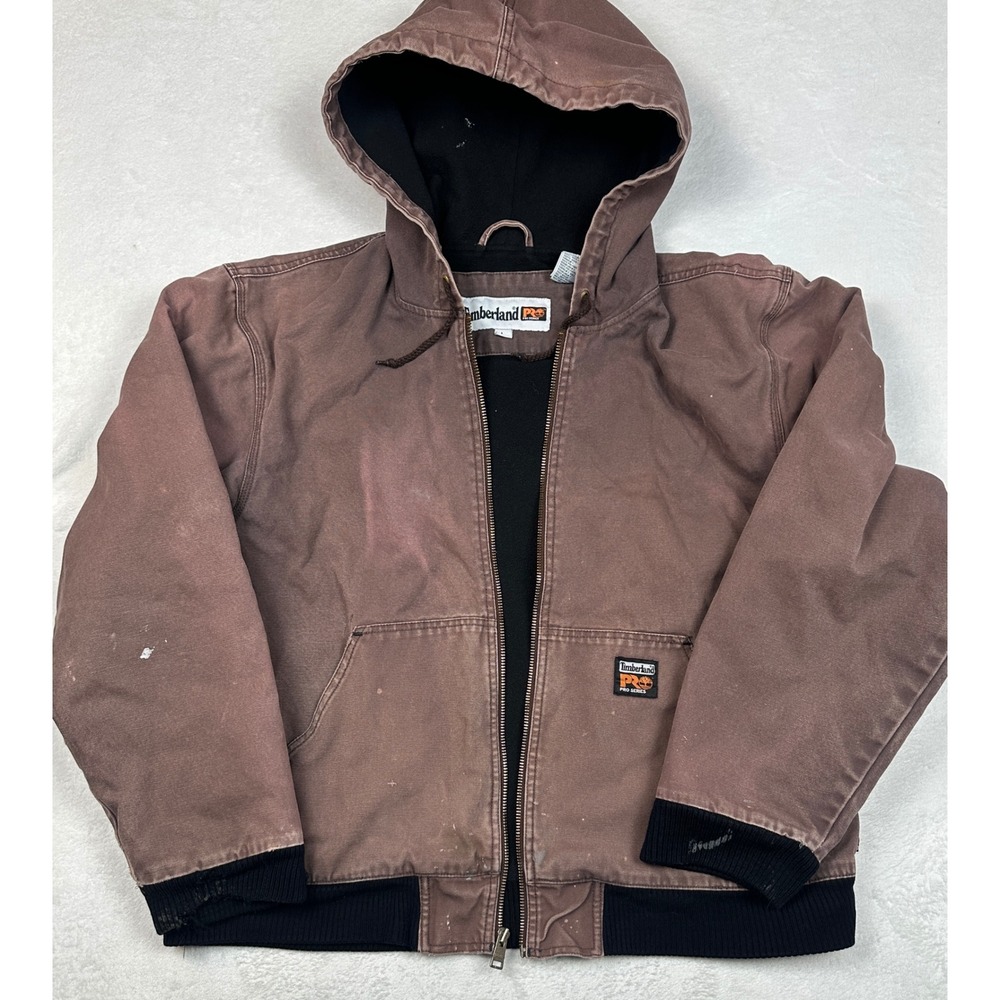 Timberland PRO Mens Brown Canvas Hooded Work Jacket Distressed Fleece Lined L
